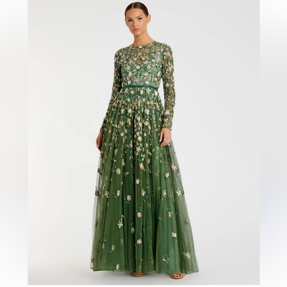 Mac Duggal Green Embellished Long Sleeve A Line Gown
